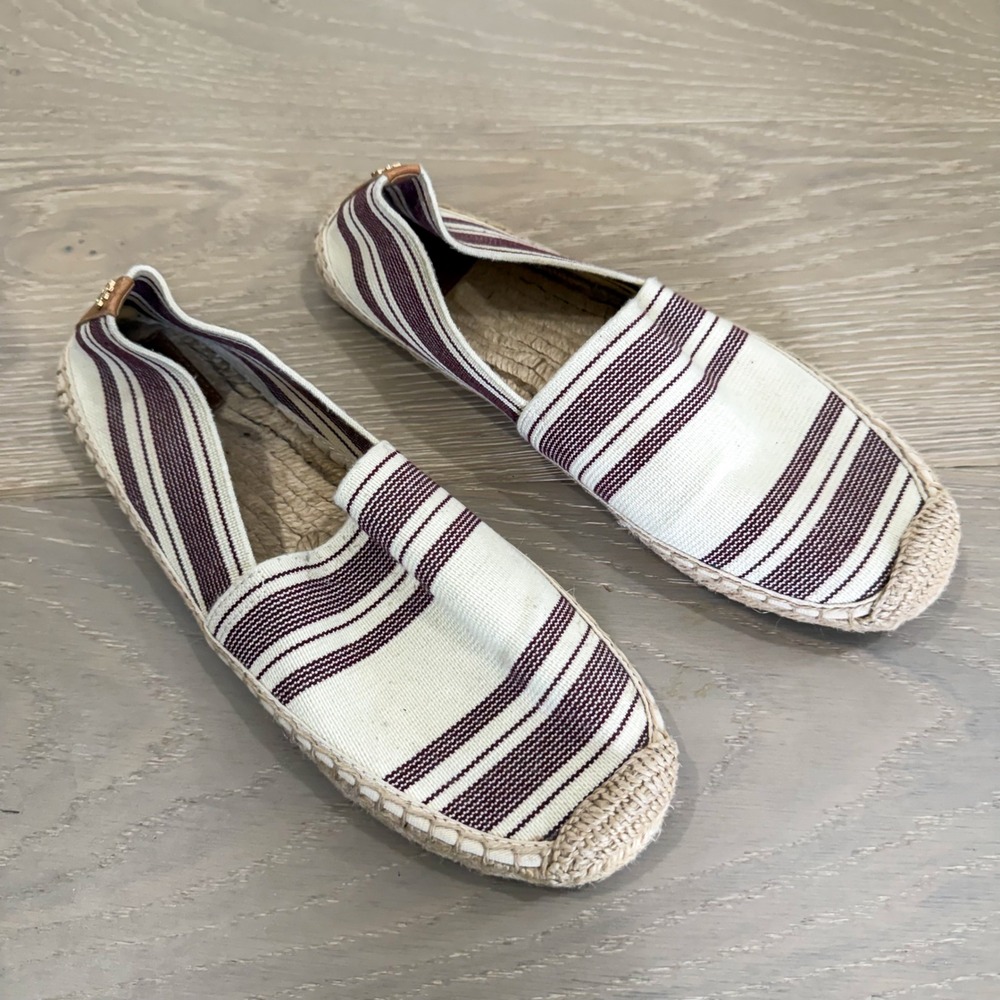 Tory Burch Awning Nautical Boho Stripe Maroon Espadrilles Shoes Slip On 10